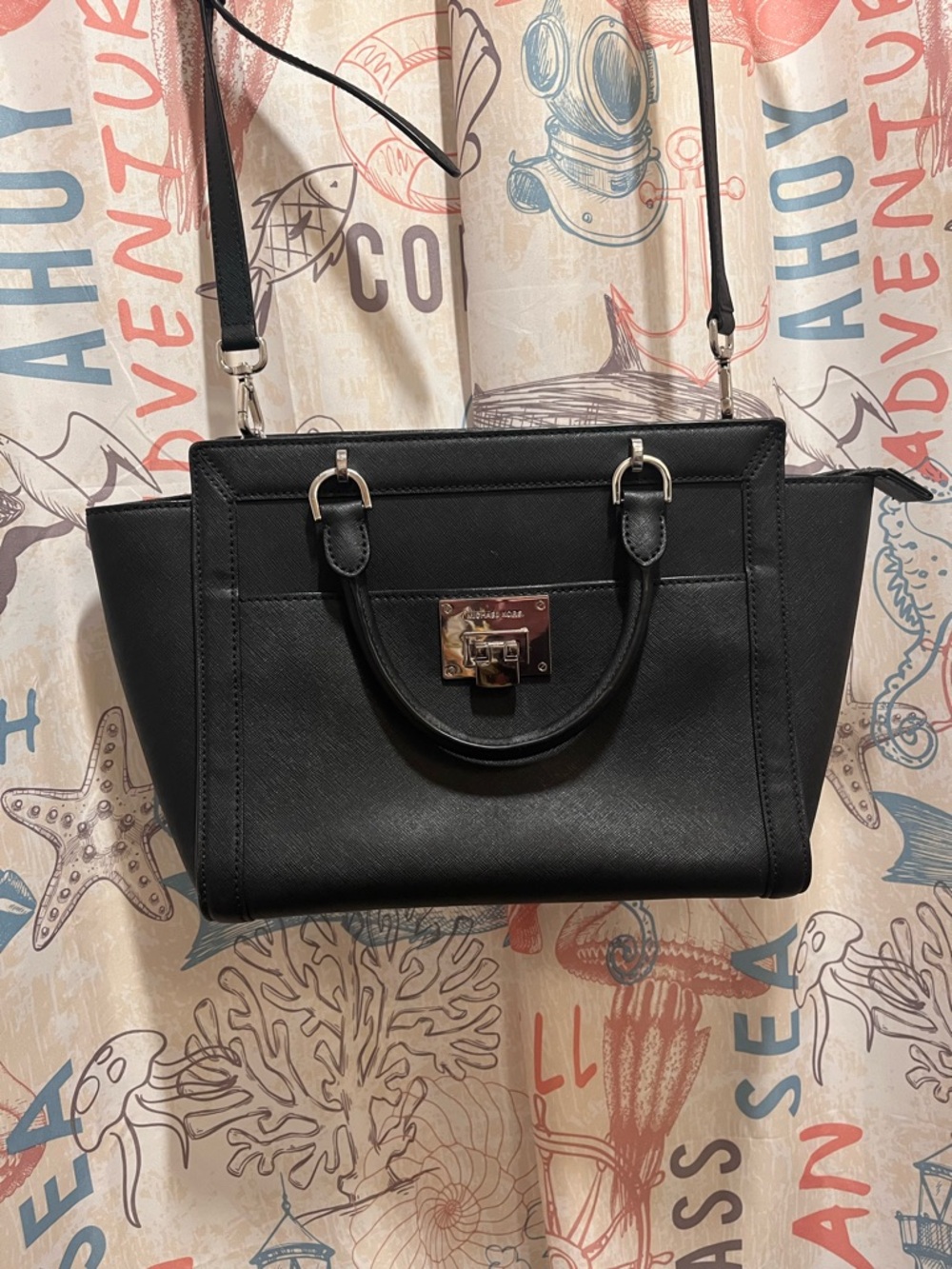 Michael Kors Black Leather Satchel with Turnlock Accent